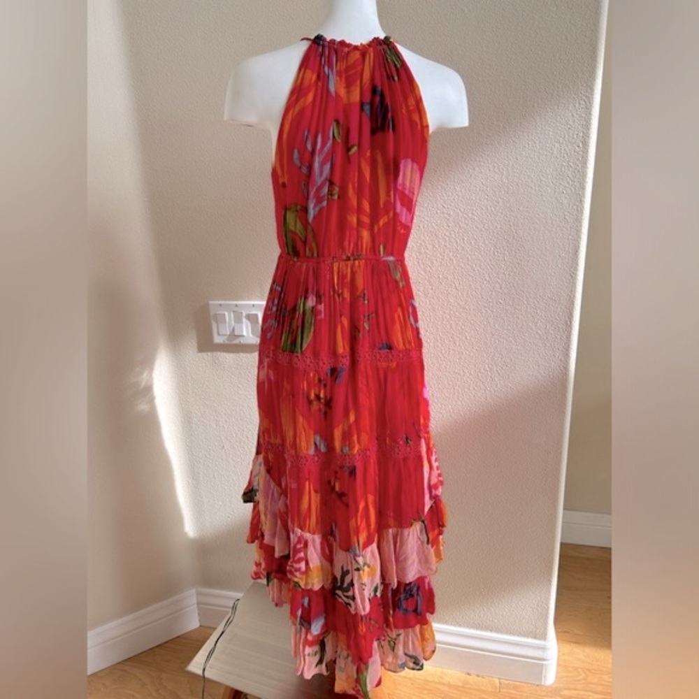 FARM Rio Mixed Fruit Oceans Midi Dress Small Red Ruffles Button Front - Picture 7 of 12